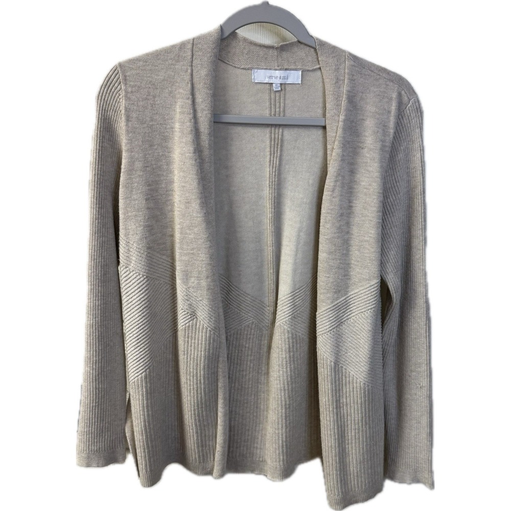 verve ami Knit Open Front Cardigan Sweater Beige Ribbed Textured Size M NWOT